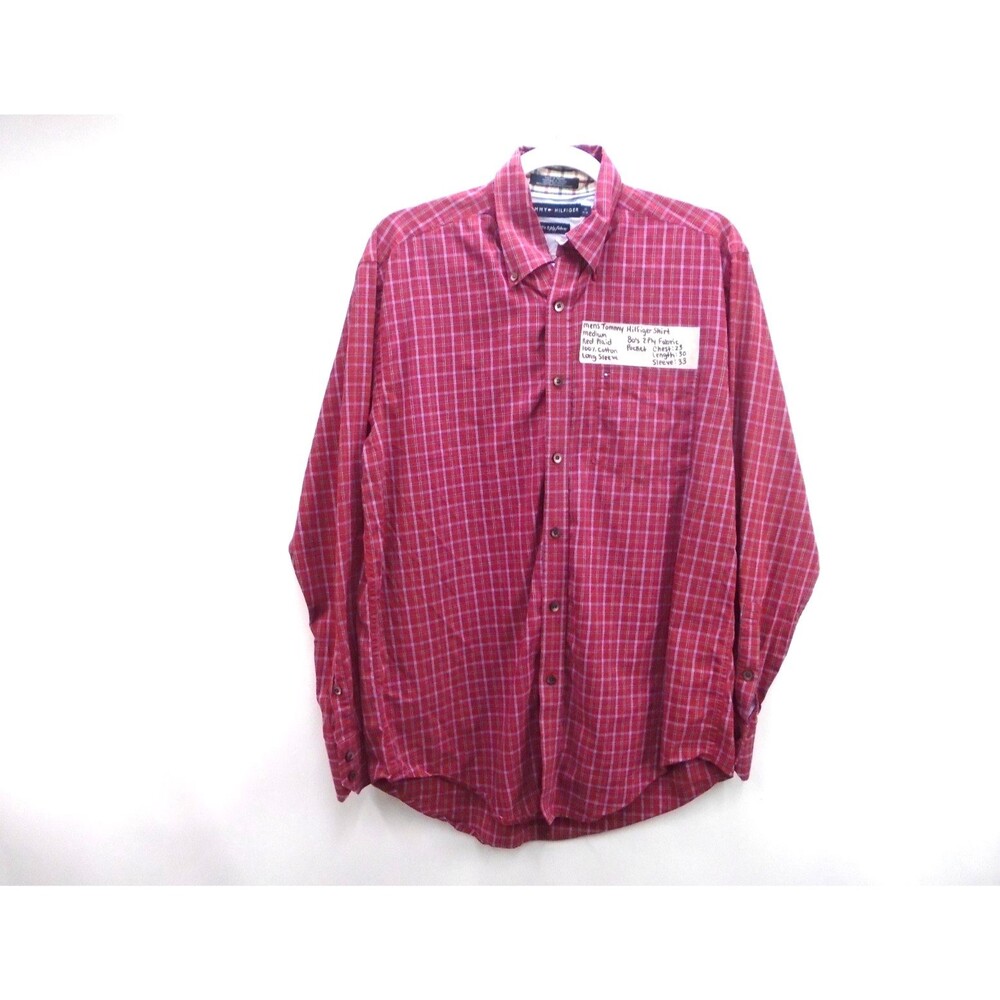 Tommy Hilfiger Shirt Mens Medium M Red Blue Plaid 80s 2 Ply Cotton Long Sleeve